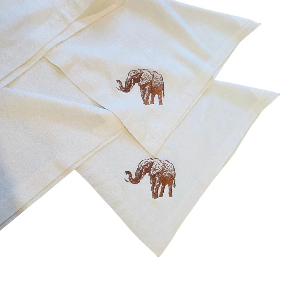 Vintage Embroidered Linen Safari Napkins Elephant Giraffe Set of 4 Cream Brown